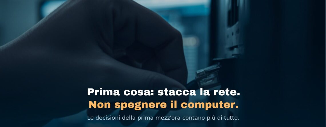 Una mano che stacca il cavo di rete dal retro di un computer