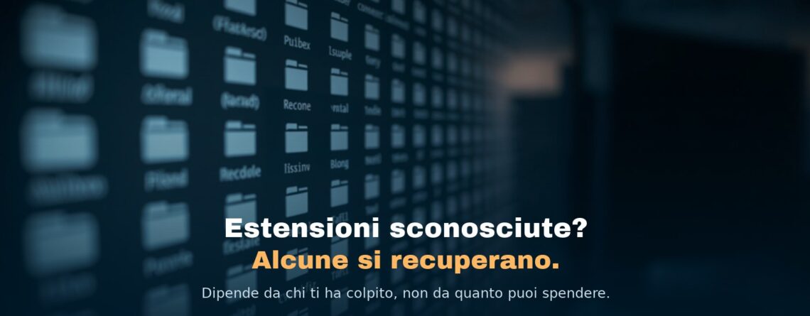 Uno schermo pieno di file con icone anonime ed estensioni non riconoscibili