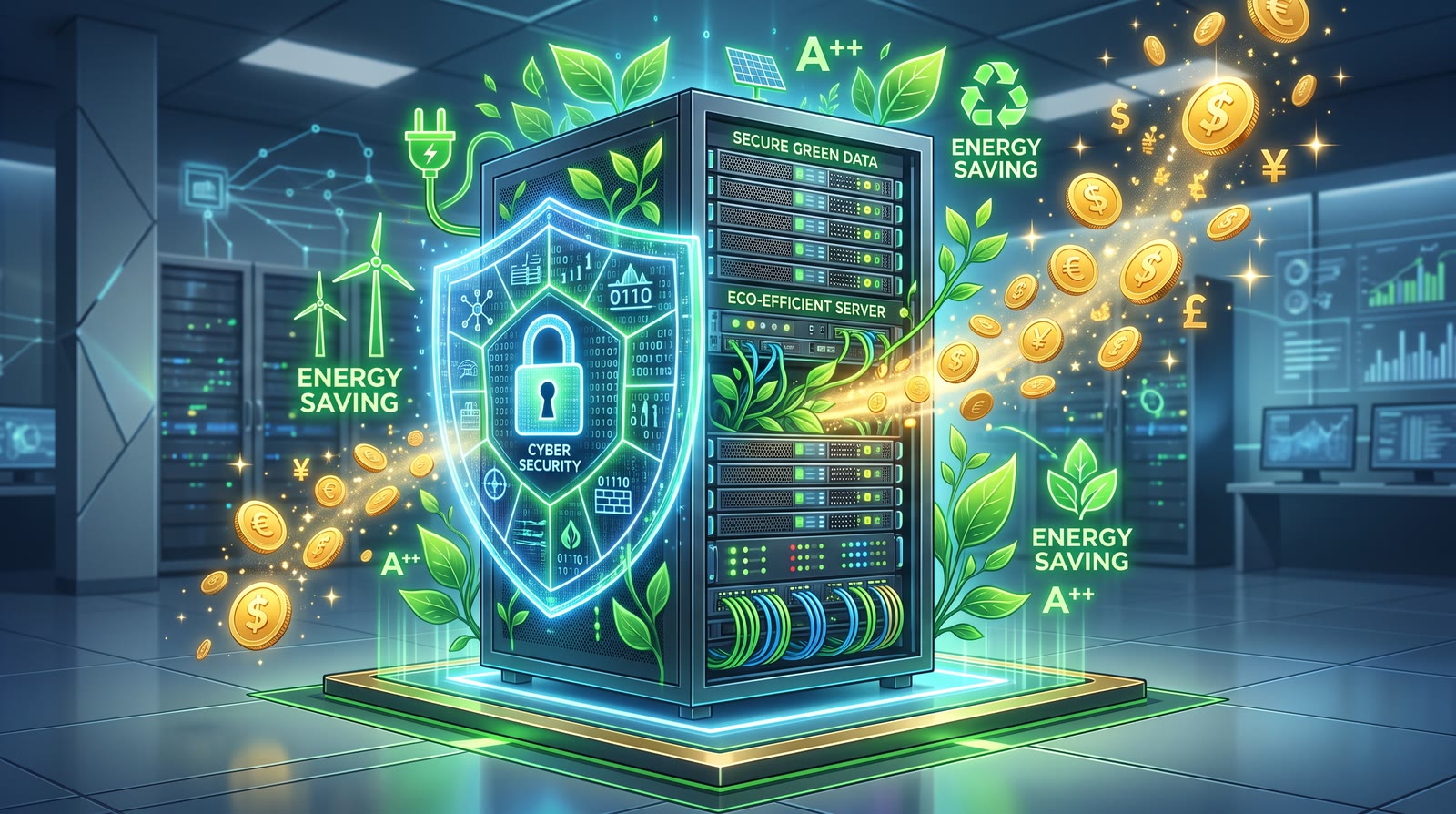 Server efficiente protetto da uno scudo di cyber security, con foglie verdi e monete: la sicurezza informatica come risparmio energetico ed economico